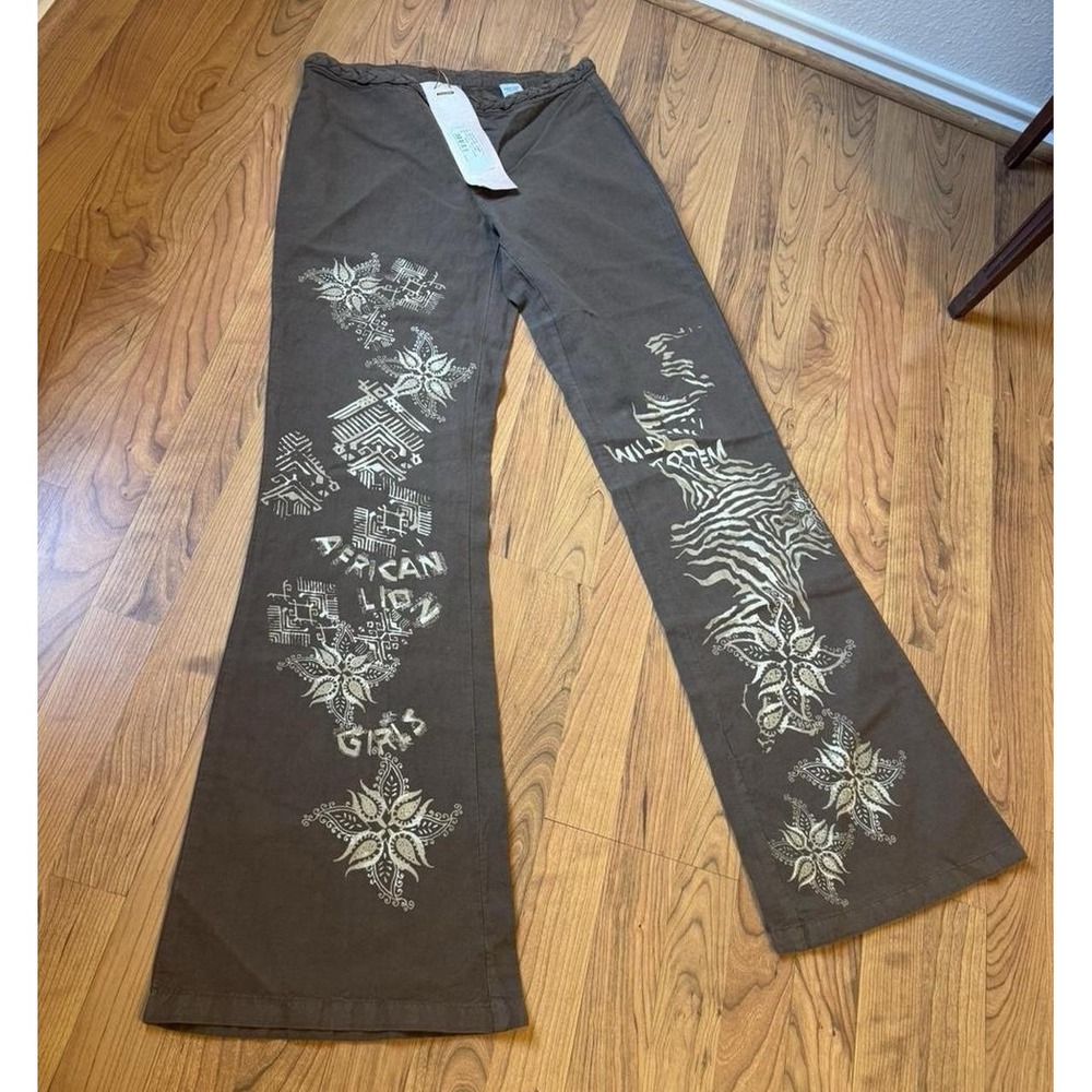 Y2K Euro Made Brown Cotton Linen Canvas Graphic Print Low Rise Flared Pants 33"
